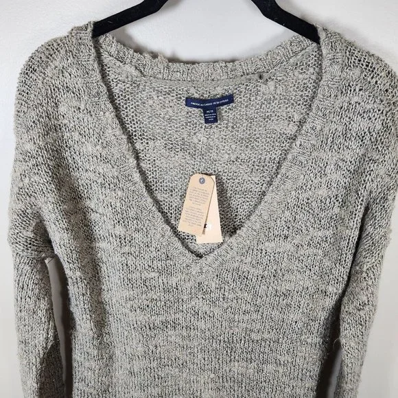 American Eagle Tunic Sweater Womens Beige Deep V Neck Knit Cottagecore Y2K New - Picture 5 of 15